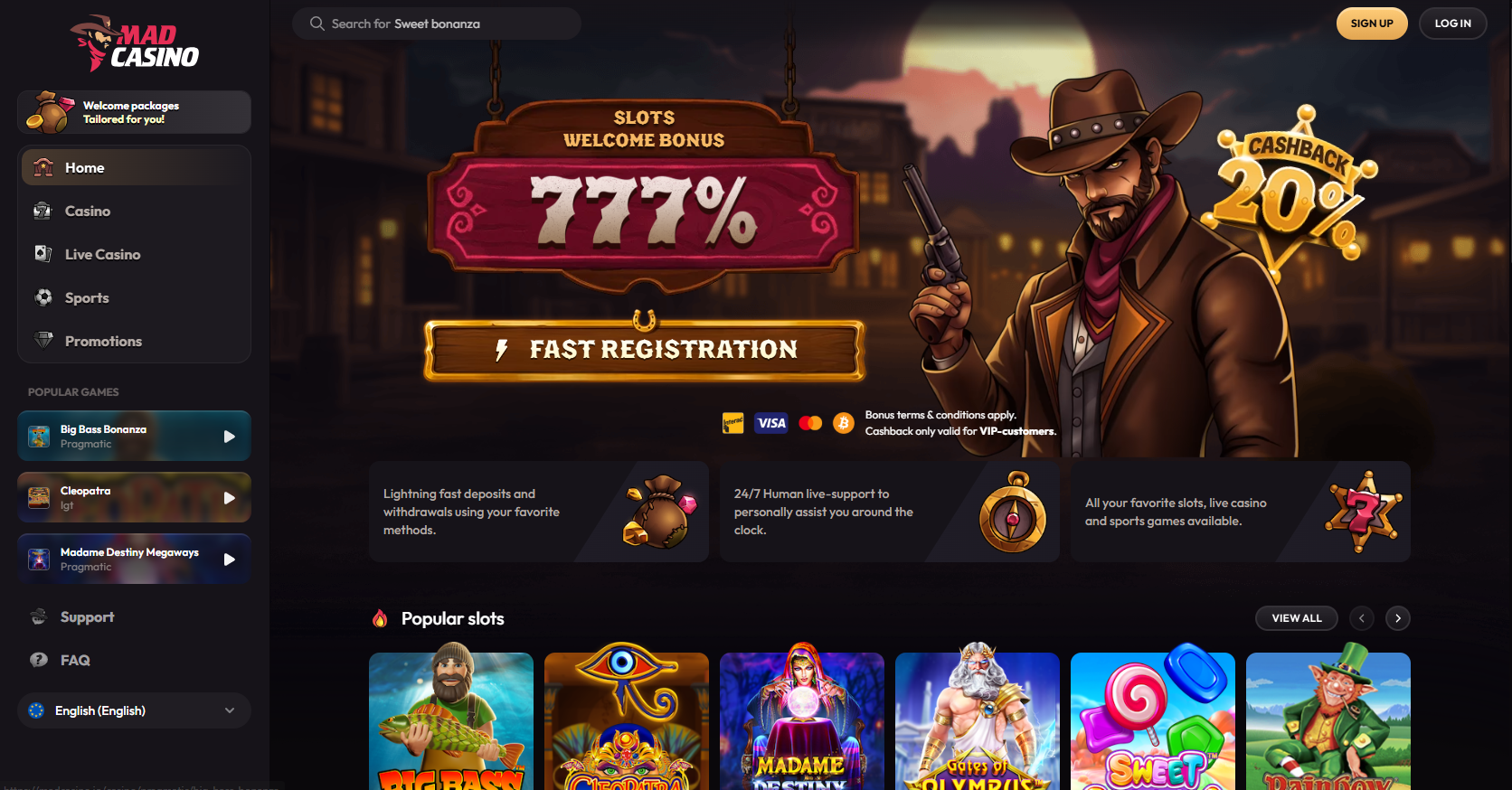 Madcasino homepage for Canadian players