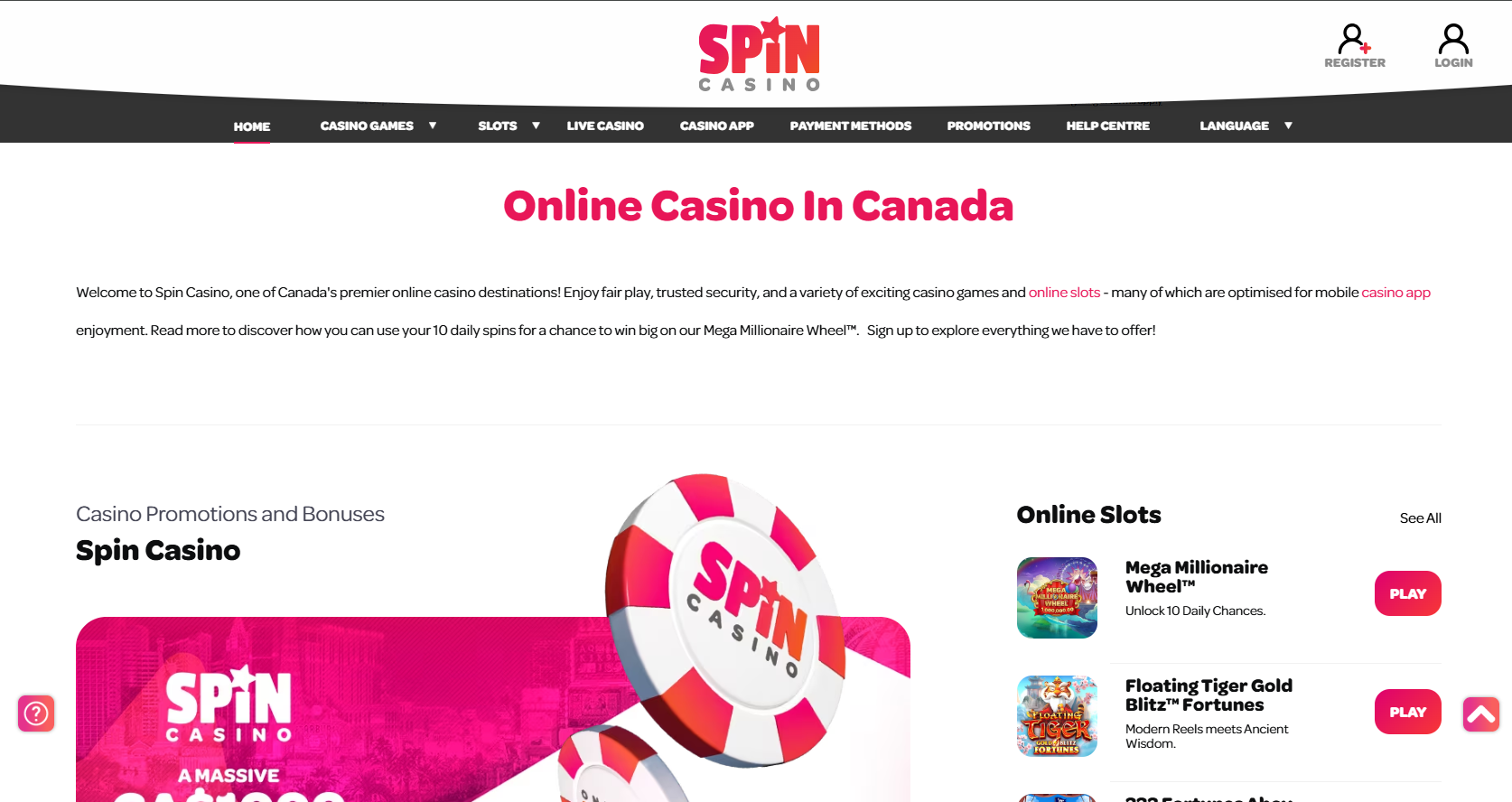 Spin Casino homepage for Canadian players