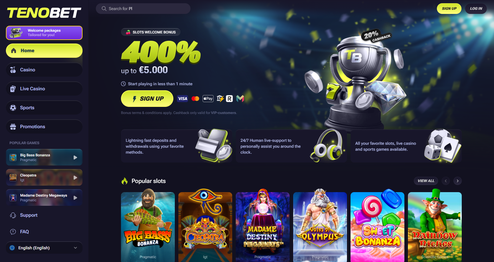 Tenobet casino homepage for Canadian players